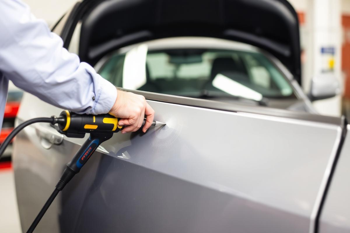 Technician performing paintless dent repair on a car door panel