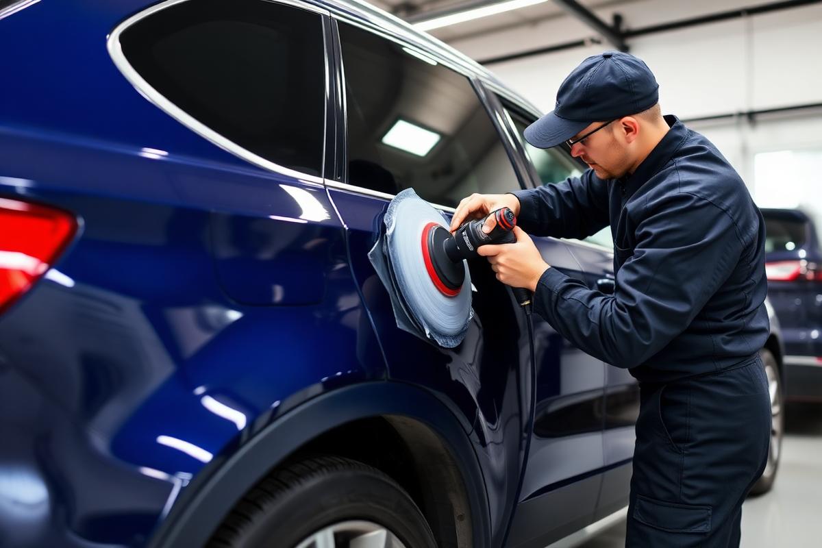 Technician polishing a vehicle in the DAA detail shop