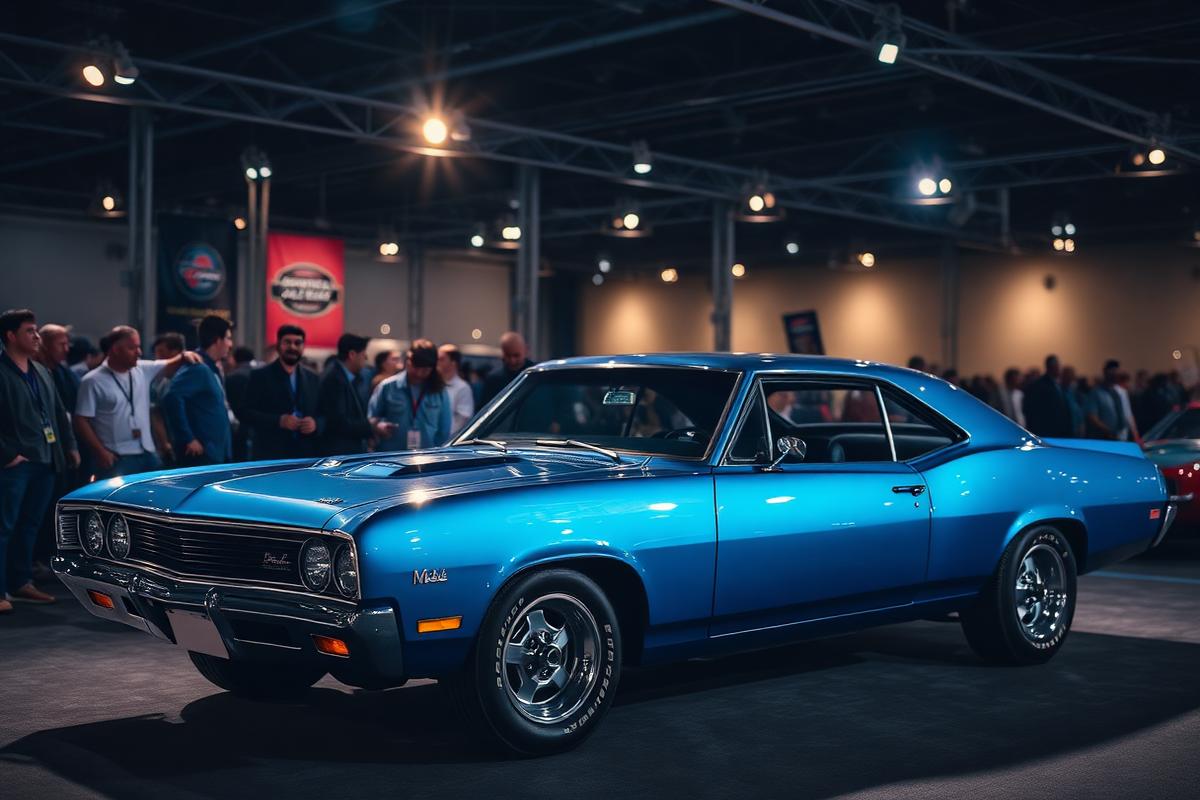 Classic blue muscle car under spotlights at an indoor auction