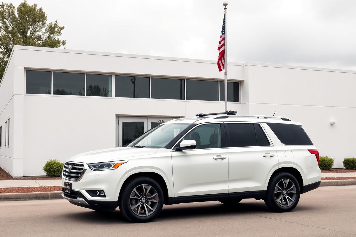 White government fleet SUV in front of a municipal building