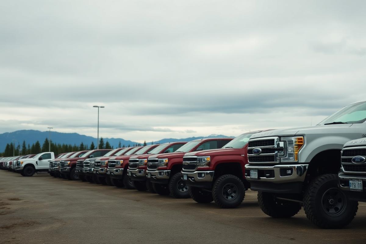 Row of clean pickup trucks lined up at an auction yard