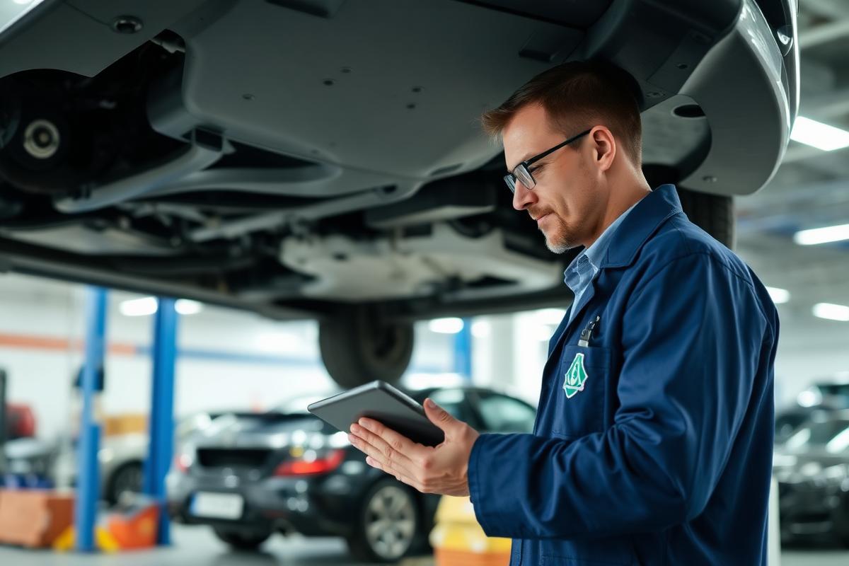 Inspector reviewing a vehicle on a lift with a tablet condition report