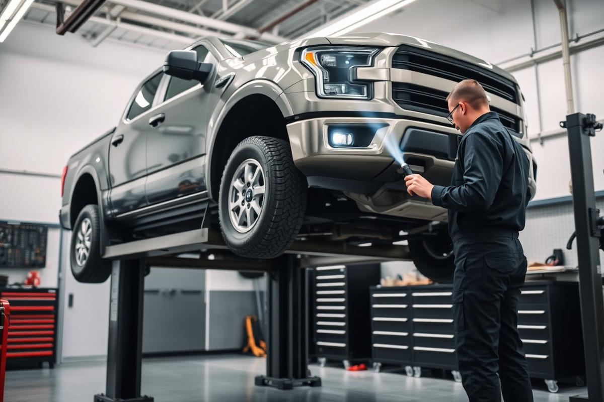 Mechanic inspecting a truck on a lift in the DAA shop