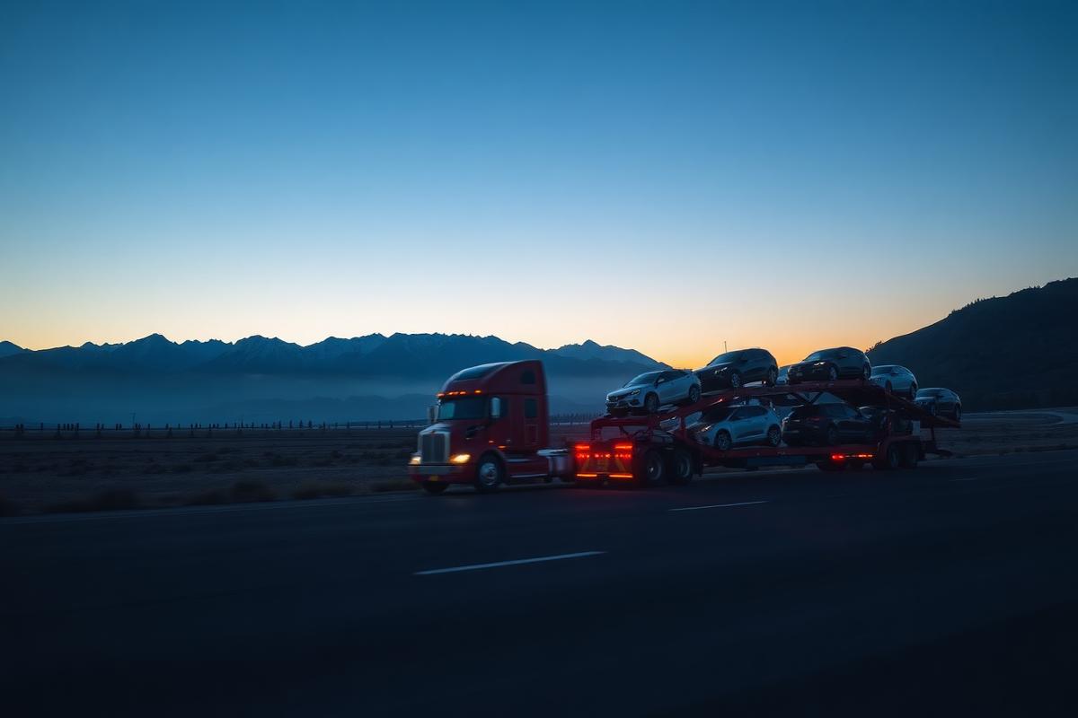 Car carrier transport truck on an Idaho highway at dawn